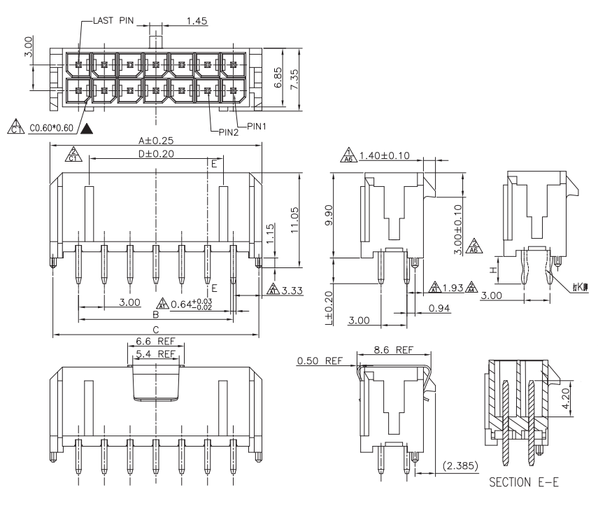 3.00 mm pitch dual-row DIP wafer dimensional drawing, top, front, side and end views with 3.00 mm solder tail L