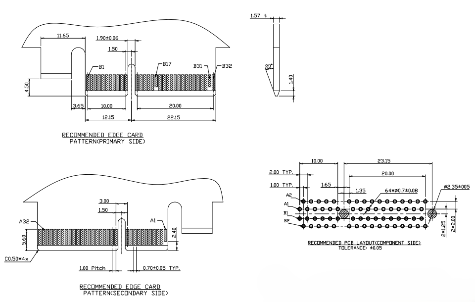CONSHARE PCIe 64-pin through-hole slot connector mechanical drawing showing 39.00 mm overall length, A1–A32 and B1–B32 contact numbering, A–A cross section, and &Oslash;2.10 mm guide posts for backplane mounting