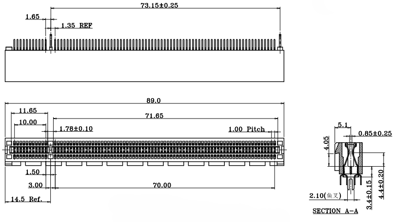 Dimensional drawing of CONSHARE PCIe 164Pin traditional black connector G/F 2.50mm lead with harpoon, showing 89.0mm overall length, 73.15mm body, 1.00mm pitch, and section A-A view of the 2.10mm harpoon barb profile