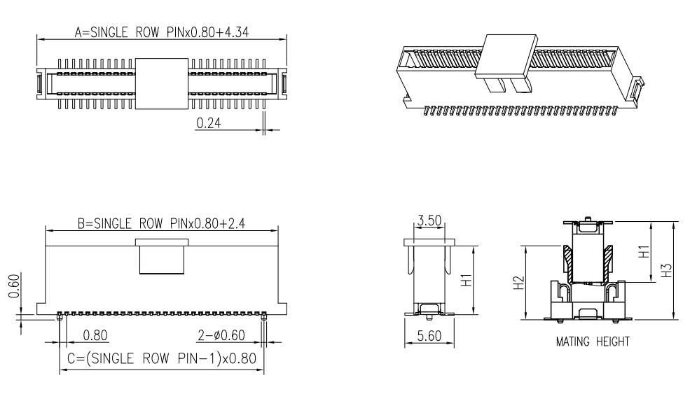AAC8M060G2068R1 and AAC8M080G2068R1 0.80 mm floating BTB male vertical SMT plug — top view showing 80-position pin layout, end view showing 6.60 mm plastic body, mated section, and H1/H2/H3 mating height diagram