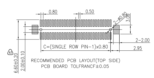 Recommended top-side PCB layout for AAC8M 0.80 mm floating BTB male plug, 0.80 mm pitch pads, 0.50 mm pad width, 6.60 &plusmn; 0.20 mm row spacing, 2 &times; &Oslash;0.60 mm alignment posts, PCB fabrication tolerance &plusmn;0.05 mm