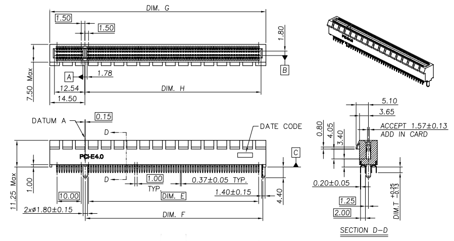 CONSHARE PCIe 4.0 98-pin right-angle DIP connector mechanical drawing with critical dimensions