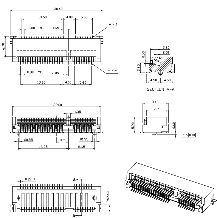 BR0521A01K1BR Mini PCIe 52-pin 5.2H card-edge connector isometric 3D view with overall mechanical dimensions 30.40mm length and 5.20mm mating height