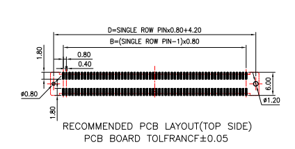 CONSHARE 0.8mm pitch board-to-board female connector recommended PCB layout top side with pad dimensions and tolerance &plusmn;0.05mm