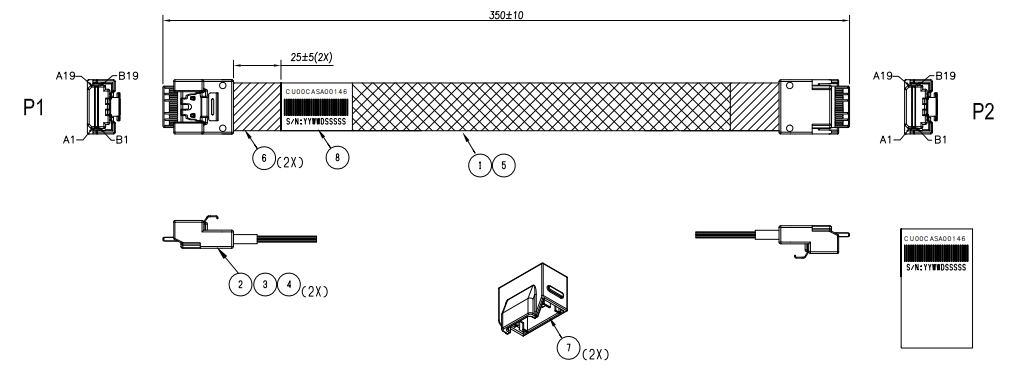 CONSHARE SlimSAS 4X STR Cable 350mm CU00CASA00146 official dimension engineering drawing