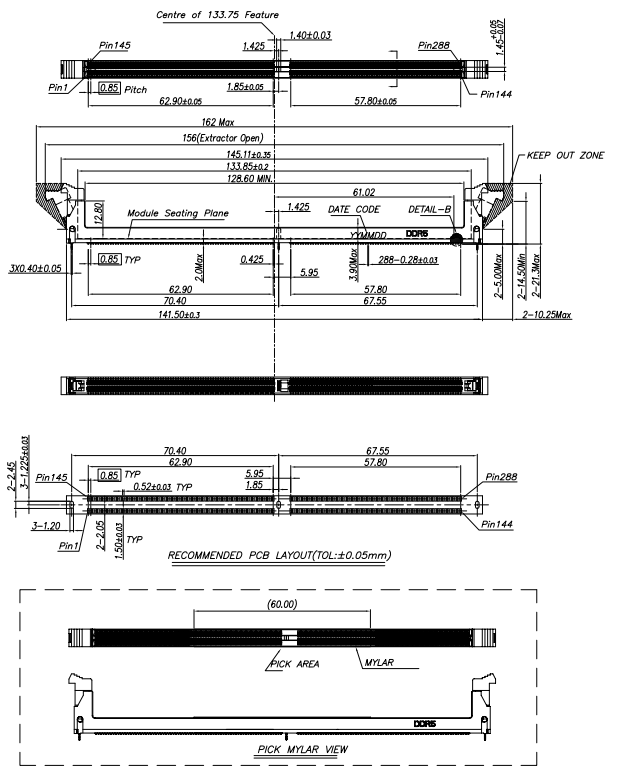 DDR5 288-pin UDIMM connector assembly drawing with black extractor, integrated mylar layer, module seating plane, keep-out zone, and recommended PCB layout