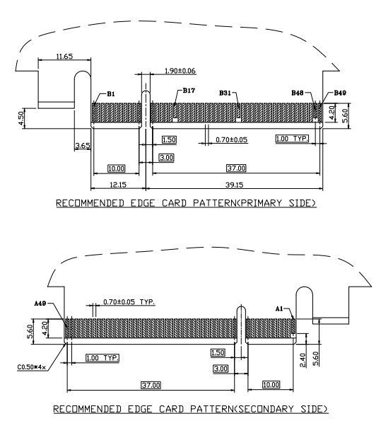 Recommended primary and secondary edge card pattern for the CONSHARE 98-pin PCIe slot connector, showing B-side and A-side finger spacing and key mating dimensions.