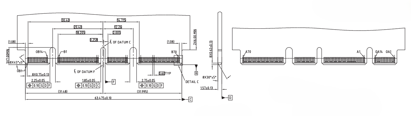 Detailed side view of terminal pins, datum references, and solder joint detail for CONSHARE 4C+ connector