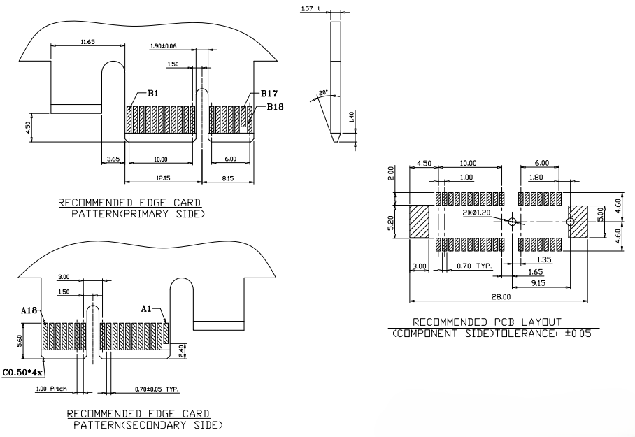 BR0361 PCIe 3.0 36P connector recommended PCB layout with primary and secondary side edge card pad patterns, 0.70mm pad width on 1.00mm pitch, component side footprint for CONSHARE BR0361 series