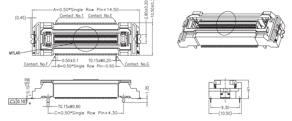 Outline dimension and individual contact terminal size drawing for CONSHARE UL94-V0 LCP floating board to board receptacle, detailed pin body width/thickness dimensional marking