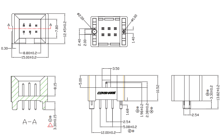 CONSHARE Through-Hole Connector Multi-View Engineering Drawing, including top view, side view, cross-section, and critical dimensional specifications for design validation.