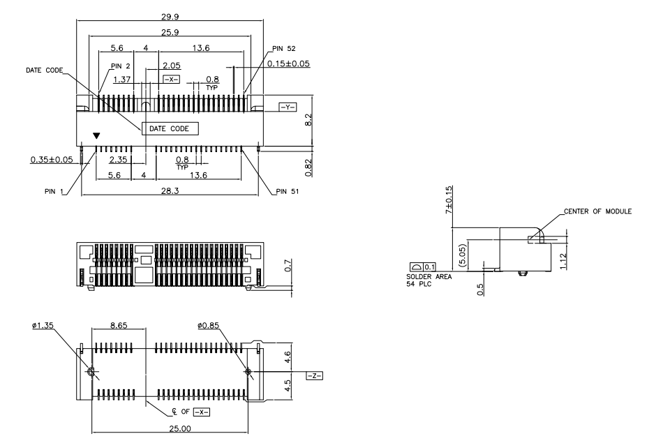 CONSHARE AF00770052001 Mini PCIe 7.0mm 52Pin SMD Connector Dimensional Drawing with PCB Footprint