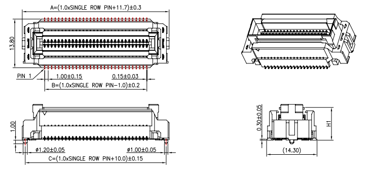 CONSHARE 1.00mm pitch floating BTB female connector vertical SMT 60 pin outline dimensional drawing with A B C key measurements
