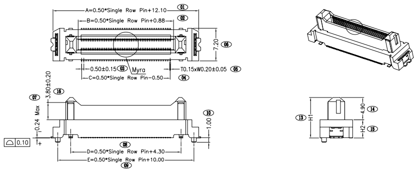 CONSHARE 0.50mm pitch floating BTB male connector recommended PCB layout and mating height specifications