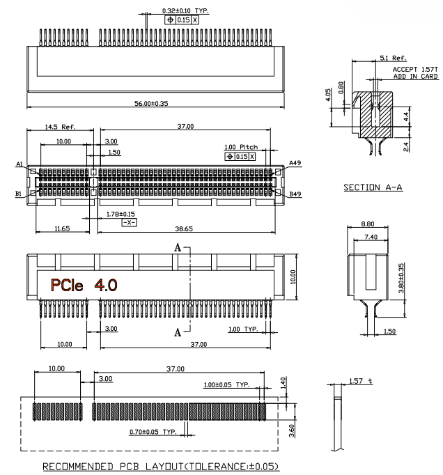 98-pin PCIe Gen4 straddle-mount edge card connector mechanical outline drawing with top view, side section, front elevation, and recommended PCB layout (0.70 mm pads on 1.00 mm pitch)