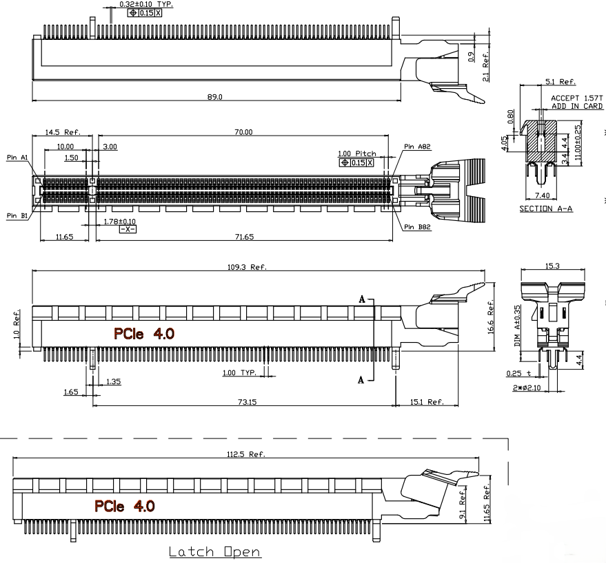 BR164251K1CX PCIe Gen4 164-pin DIP connector dimensional drawing with side view, cross section, and latch-open detail