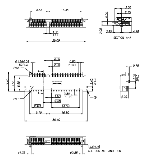 BR0521A02K1BR Mini PCIe 52-pin 4.0H card-edge connector top and bottom contact layout showing Pin1 and Pin2 positions with 0.80mm pitch