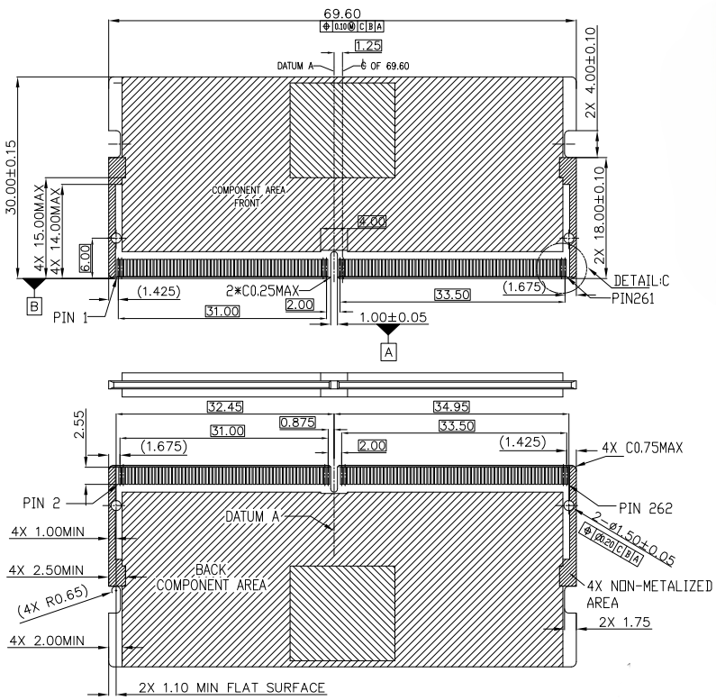 CONSHARE SODDR5 262-pin DDR5 socket PCB footprint top and bottom view showing SMT pad layout, component keepout area, and 0.50mm pitch land pattern