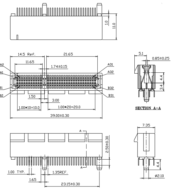 CONSHARE BR06401A1K1ER 64-pin PCIe DIP connector with traditional closed guide post and 2.50 mm solder tail, showing front view, side profile, and cross-section dimensions