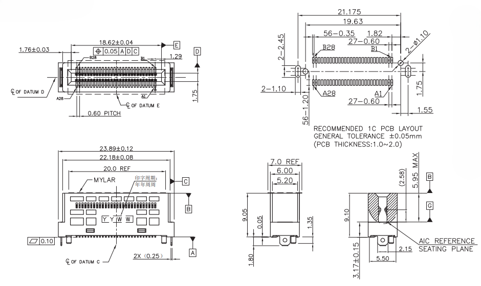 CONSHARE Gen-Z 1C 56-pin vertical connector mechanical drawing with dimensions and recommended PCB layout