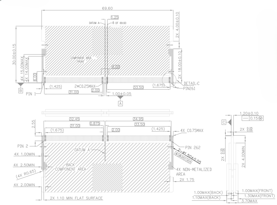 Recommended PCB footprint layout for DDR5 SO-DIMM 262-pin connector with component keepout zones and 0.5mm pad pitch