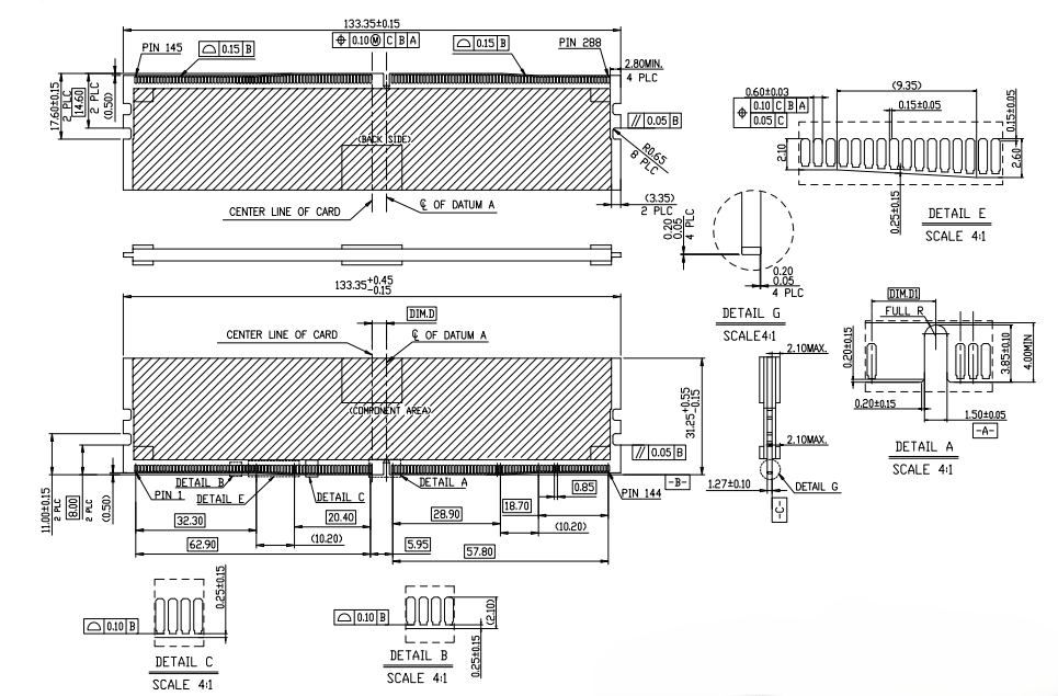Detailed cross-section and terminal geometry views of CONSHARE DDR5 288-pin UDIMM connector showing precision contact profiles, component keep-out zones, and plating interface