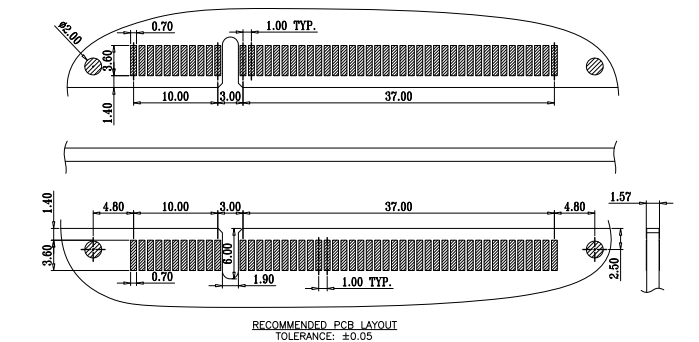 Recommended PCB layout footprint for PCIe 3.0 98P edge card connector BR09801A3K1CR, showing 0.70mm pad width on 1.00mm pitch, 10.00mm and 37.00mm anchor dimensions, 1.40mm locating post holes, 6.50mm mounting ear pattern, and &plusmn;0.05mm manufacturing tolerance