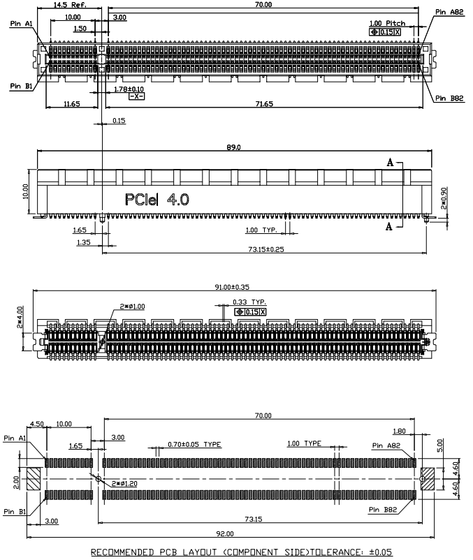 BR16402 PCIe Gen 4.0 164-pin SMT connector mechanical dimensions and recommended PCB footprint layout