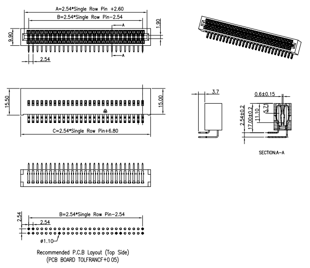 CONSHARE dual-row 2.54mm pitch 90&deg; right angle DIP gold finger connector dimension diagram, including cross-section view and factory-recommended top-side PCB layout