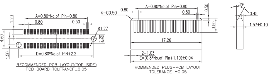 Technical PCB footprint layout drawing of CONSHARE 0.80mm pitch 180&deg; vertical SMT edge card connector with C-shaped solder pins, displays top-side & plug-side recommended PCB pad dimension standards for 2&times;70pin model
