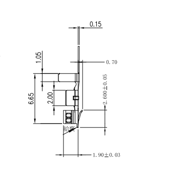 CONSHARE B701000610010 2.54mm female crimp terminal side view engineering drawing, showing total length, contact height and crimp zone dimensions