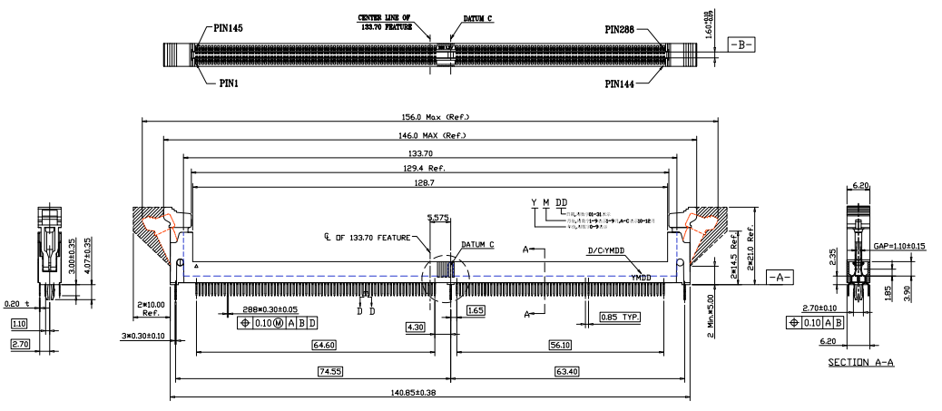 CONSHARE DDR4 288P memory socket main mechanical view with Section A-A cross-section showing pin array and housing dimensions