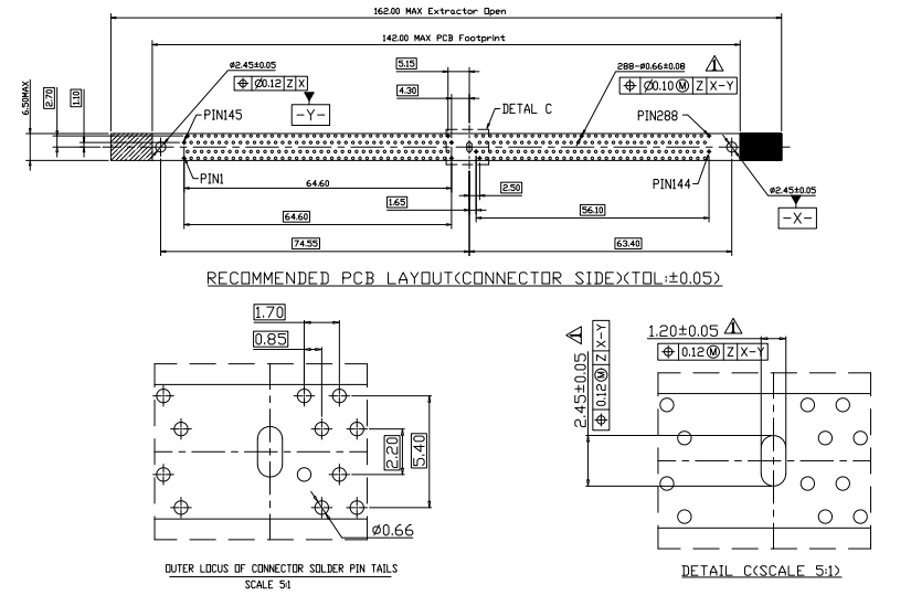 Recommended PCB layout and solder pin tail locus for CONSHARE DDR4 288P DIP DIMM connector