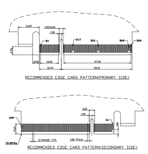 Recommended edge card pattern for CONSHARE PCIe Gen4.0 98-pin connector, primary and secondary side with pin spacing and key dimensions