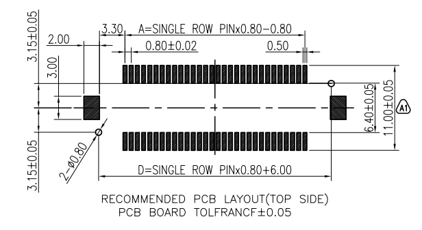 Top-side PCB land pattern for the CONSHARE AAC8F080G2083R1 80-position 0.80 mm floating BTB receptacle, 0.50 mm pads on a 0.80 mm pitch with two 0.80 mm locating holes