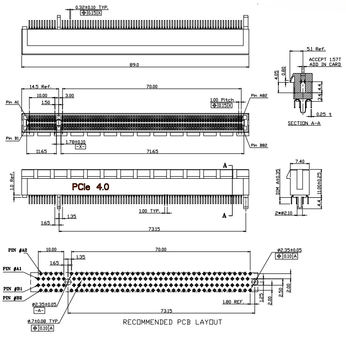 Mechanical drawing of the PCIe Gen4.0 164-pin DIP card-edge slot with lead-in guide post — 89 mm body length, PCIe 4.0 housing marking, section A-A cross section, and recommended PCB layout footprint