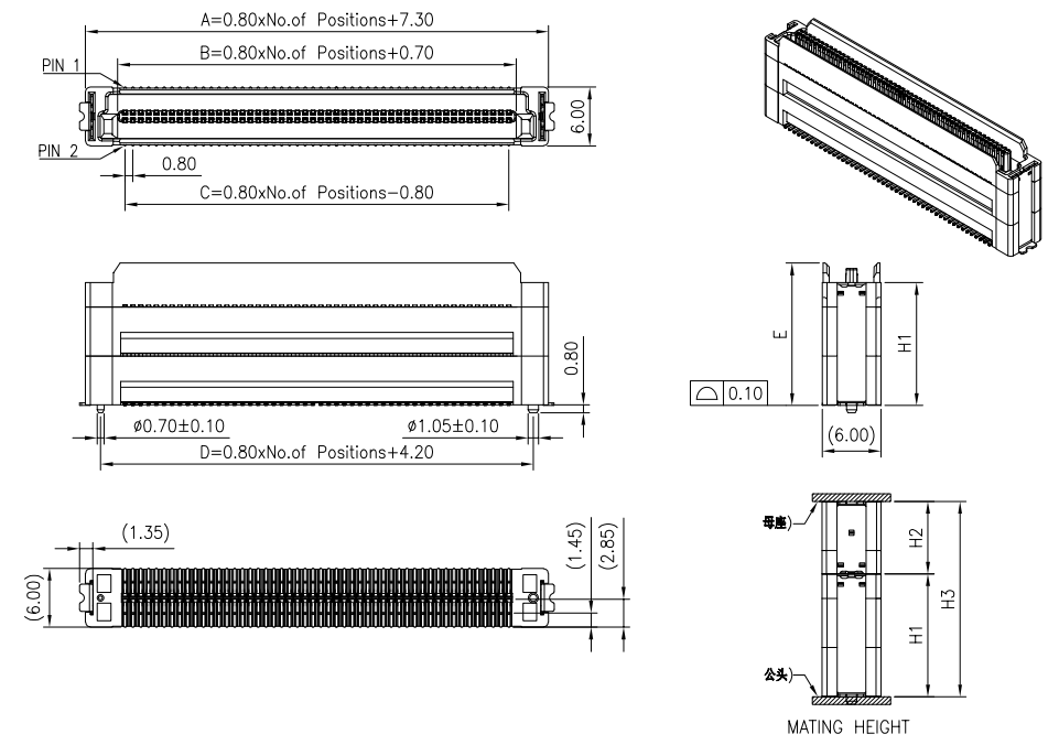 Top-side PCB land pattern for the CONSHARE AA2M 0.80 mm BTB male plug, 2 x 40 pins, 0.50 mm signal pads on 0.80 mm centres, 0.90 mm and 1.25 mm end pads, plus or minus 0.05 mm board tolerance.
