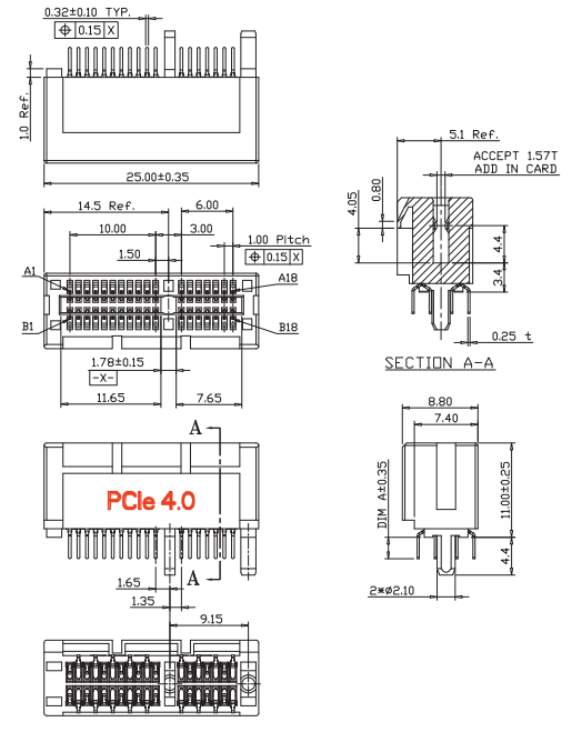 BR0361X7XK1XX PCIe Gen4.0 36-position edge card connector with overhang guide post