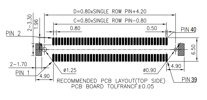 Recommended top-side PCB land pattern for the AA3F040S1050R dual-row 0.8 mm pitch SMT socket, showing pad sizes and row-to-row spacing