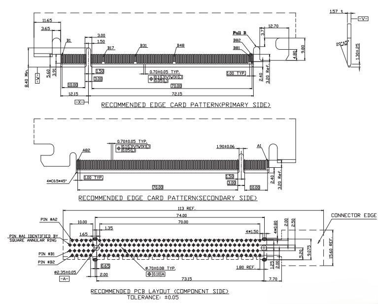 Recommended PCB layout and edge card patterns (primary, secondary, and component sides) for the CONSHARE PCIe Gen 4 x16 164-pin card-edge connector