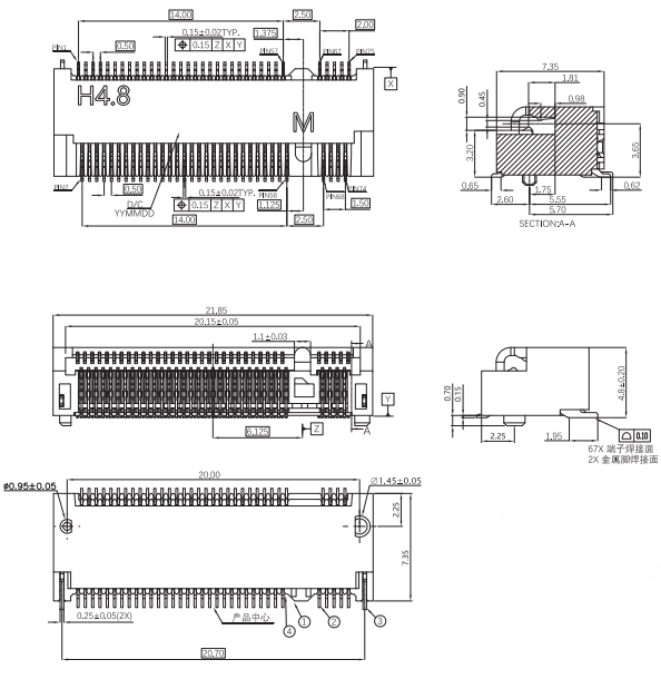 CONSHARE M.2 H4.8 M-Key Gen4 connector technical drawing showing 67-pin SMT socket, 0.5mm pitch, and 4.8mm height dimensions