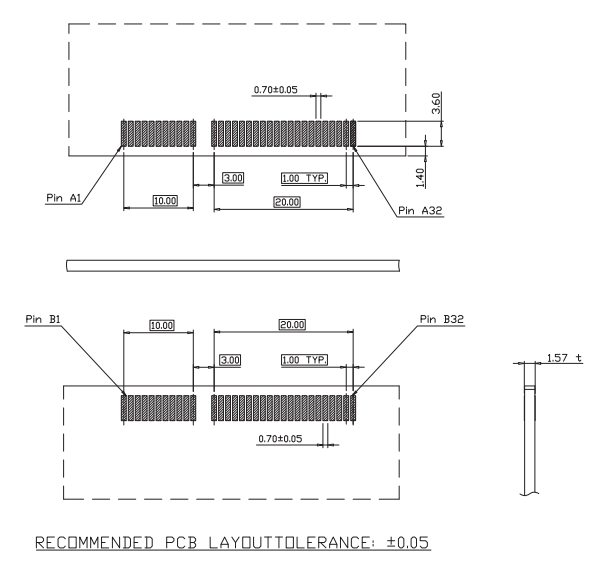 CONSHARE PCIe 4.0 64-pin eaves-type open clip-in socket recommended PCB layout with &plusmn;0.05 mm tolerance