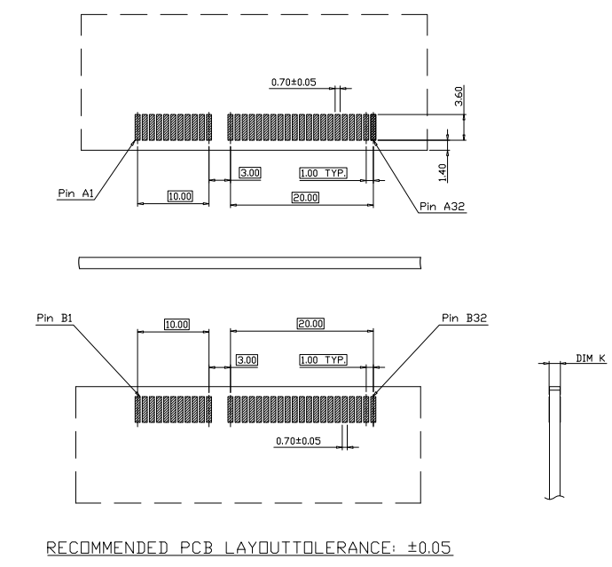 Recommended host PCB layout for PCIe 64P clamp connector showing top-side A1–A32 and bottom-side B1–B32 SMT pad patterns with 0.70 mm width and &plusmn;0.05 mm fabrication tolerance