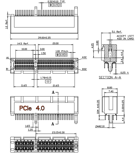 CONSHARE BR0641X40K1XX PCIe Gen4.0 64P DIP connector with molded retention post - engineering drawing showing dimensions and cross-section