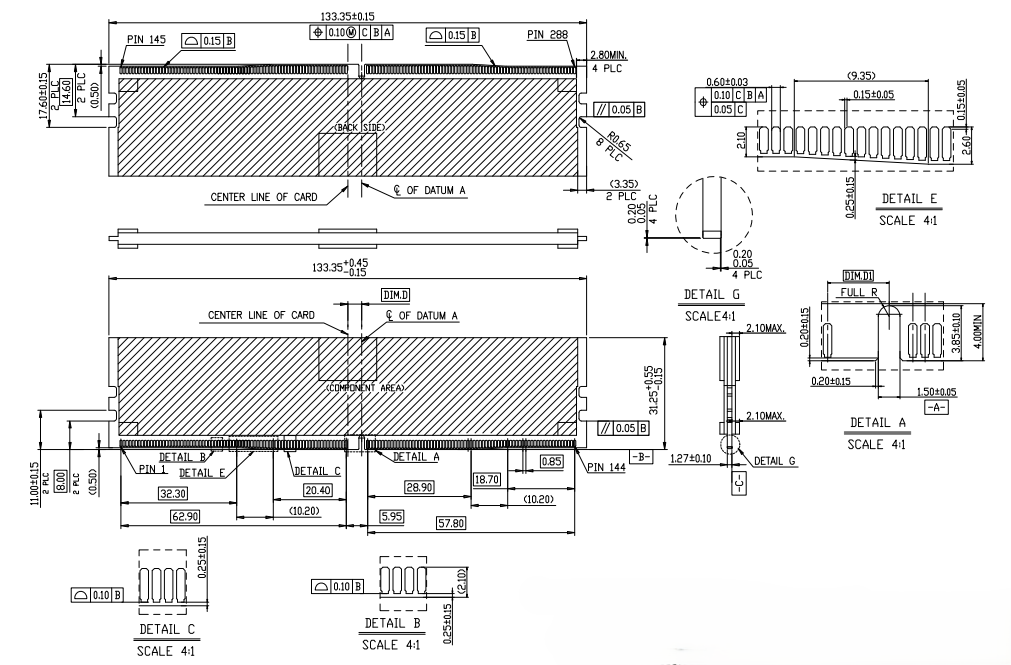 CONSHARE CUR018R5 DDR5 288-pin RDIMM connector mechanical engineering drawing with side view contact geometry and tolerance details