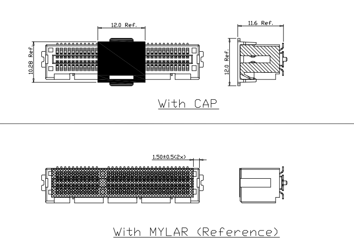 PCIe 4.0 64-position SMT edge card connector packaging variants — With CAP and With Mylar tail protection for reflow comparison