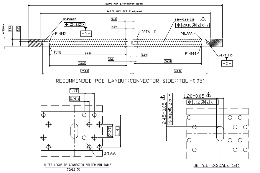 Recommended PCB layout and solder tail detail for CONSHARE DDR4 288P memory socket, connector side view