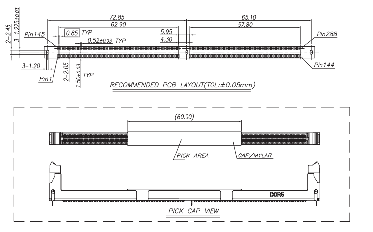 DDR5 RDIMM short latch tray recommended PCB layout with 60mm pick area and Mylar coverage for automated handling by CONSHARE