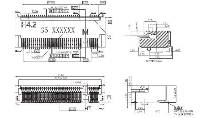 Side and front mechanical drawing of CONSHARE M.2 H4.2 Gen5.0 M-KEY connector, part number CUF010G67M108