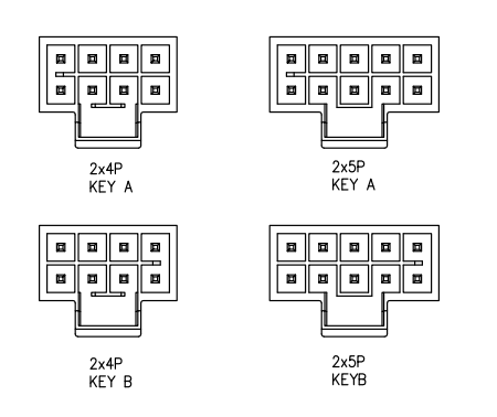 CONSHARE 2.50mm crimp style wire to board connector 2x4P & 2x5P polarized KEY A KEY B top outline drawing for anti-mismating design